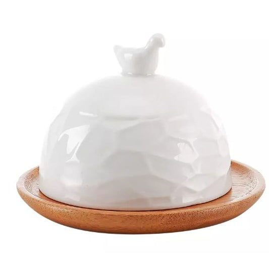 Queijeira em Ceramica Branca e Bambu Oasis 10cm