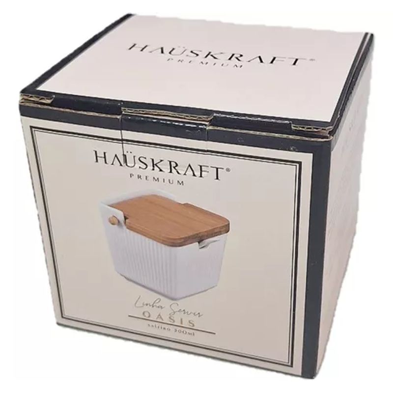 Saleiro Oasis Em Ceramica Branco Com Tampa Bambu 300ml