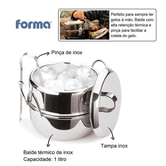 Balde para Gelo Bartender Forma Inox 1,3L com Pinça