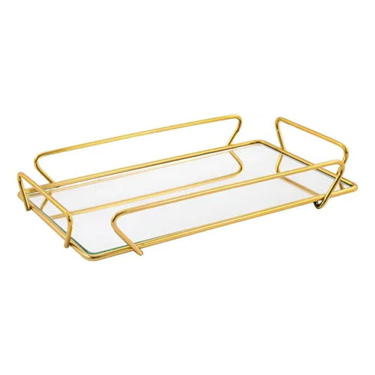 Bandeja Organizadora Dourada Forma Bakar Aço e Vidro 15x25cm