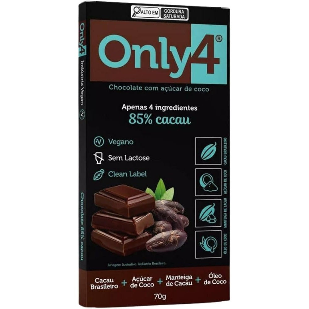 Chocolate 85% Cacau Only4 com Açúcar de Coco Vegano 80g