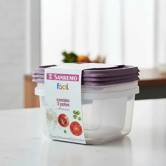 Conjunto 3 Potes Plástico Sanremo Fácil 200ml 800ml 1,9l Livre de BPA