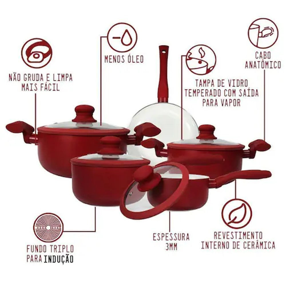 Conjunto 5 Panelas Antiaderente Hauskraft Vermelho Carmin para Fogão de Indução