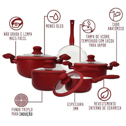 Conjunto 5 Panelas Antiaderente Hauskraft Vermelho Carmin para Fogão de Indução