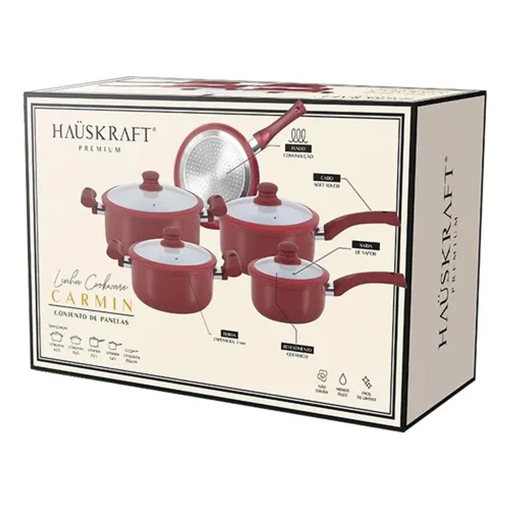 Conjunto 5 Panelas Antiaderente Hauskraft Vermelho Carmin para Fogão de Indução