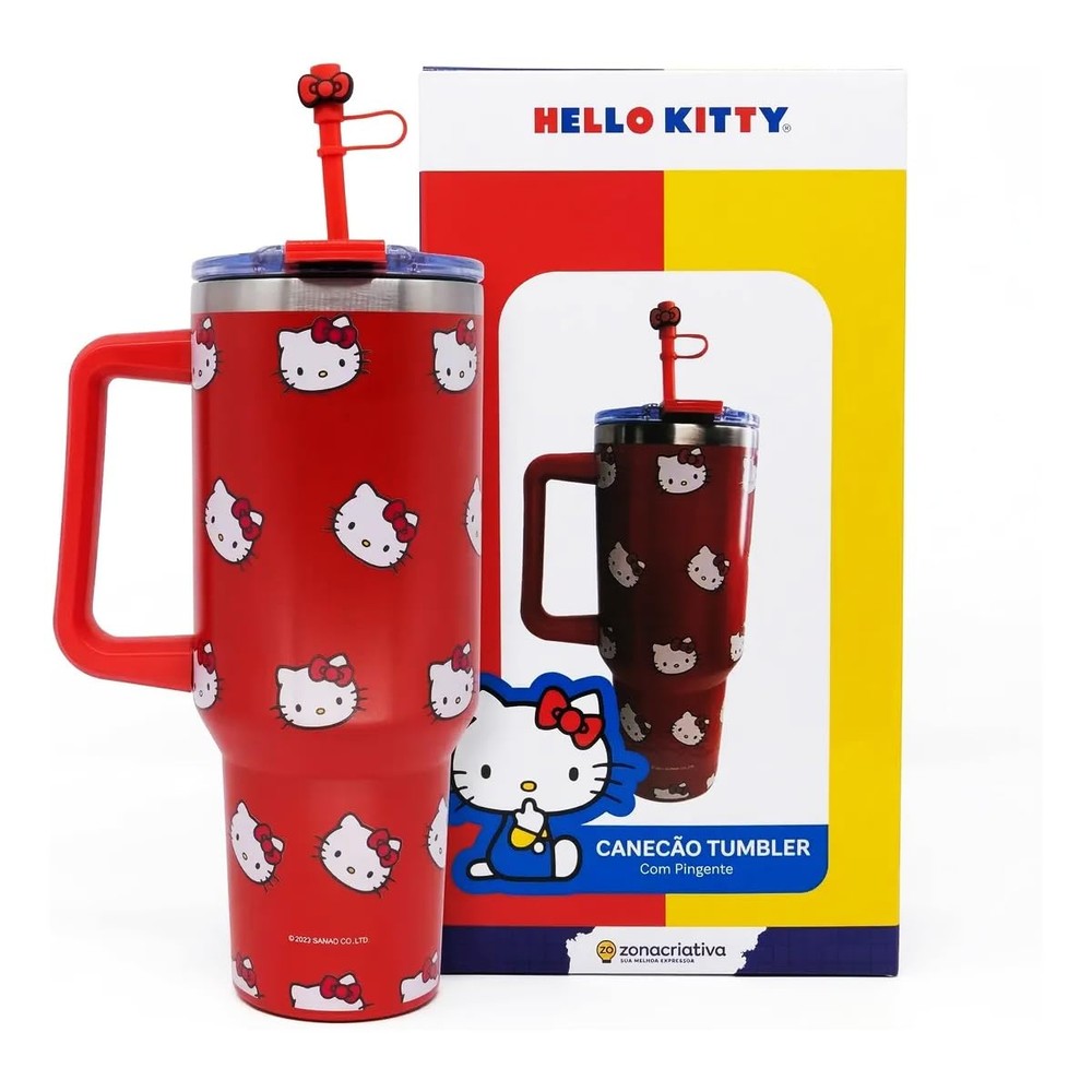 Copo Térmico Tumbler Hello Kitty 1,15L Aço Inox com Pingente Zona Criativa