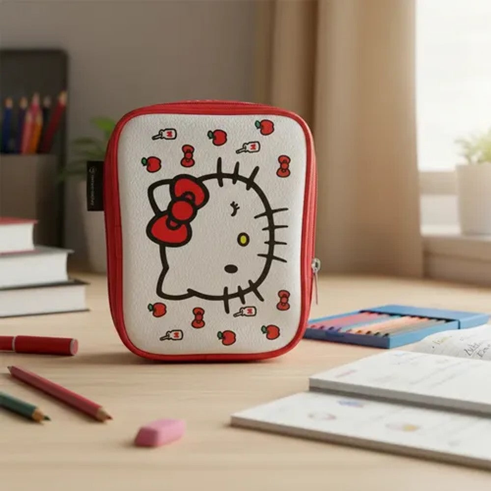 Estojo 100 Pens Hello Kitty Zona Criativa Box Grande Escolar Branco e Vermelho