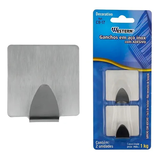 Gancho Adesivo Aço Inox Western 2 Peças 3,5x2x4cm