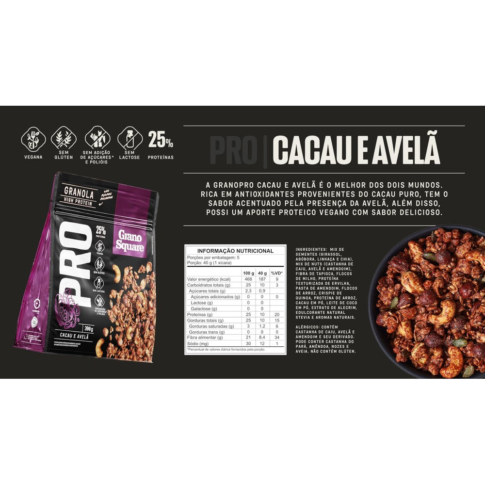 Granola Pro GranoSquare Cacau e Avelã Vegana Sem Açúcar 200g