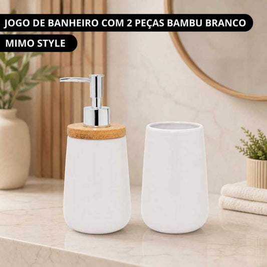 Jogo de Banheiro 2 Peças Bambu e Cerâmica Branco Mimo Style