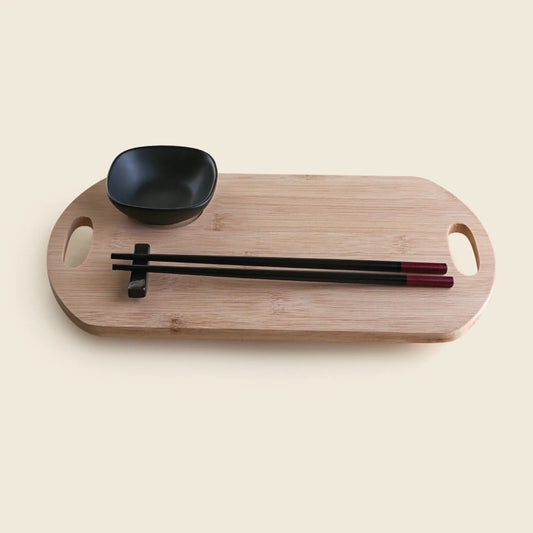Jogo para Sushi Dynasty 3 Peças em Bambu e Cerâmica com Tábua Hashi e Molheira