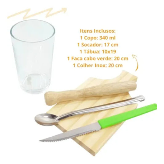 Kit Caipirinha 5 Peças Stolf com Tábua de Madeira Copo e Acessórios