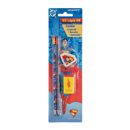 Kit Lápis HB Superman Leo&Leo com 2 Lápis Apontador e Borracha