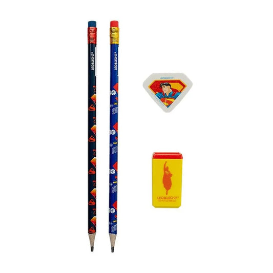 Kit Lápis HB Superman Leo&Leo com 2 Lápis Apontador e Borracha