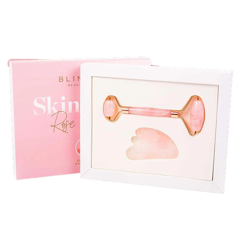 Kit Rolo Massageador e Gua Sha de Quartzo Rosa Blinklab para Massagem Facial
