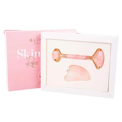 Kit Rolo Massageador e Gua Sha de Quartzo Rosa Blinklab para Massagem Facial