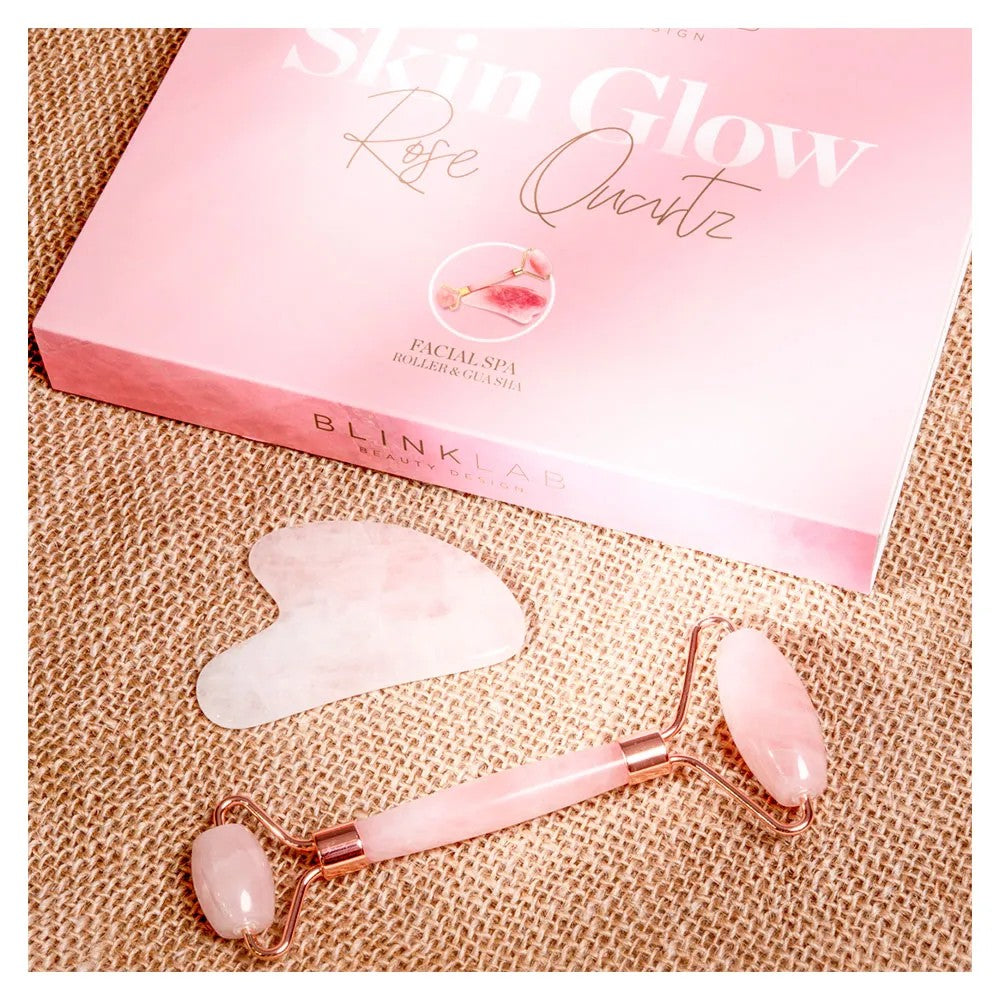 Kit Rolo Massageador e Gua Sha de Quartzo Rosa Blinklab para Massagem Facial