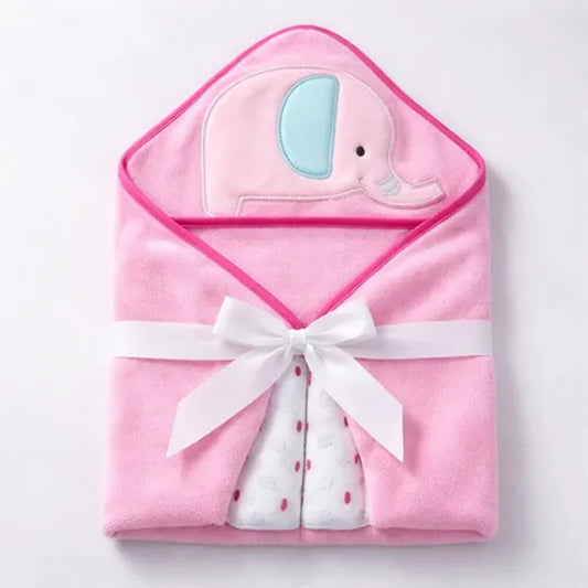 Kit Toalha Bebê com Capuz e 3 Toalhas de Boca Camesa Elefante Rosa 4 Peças