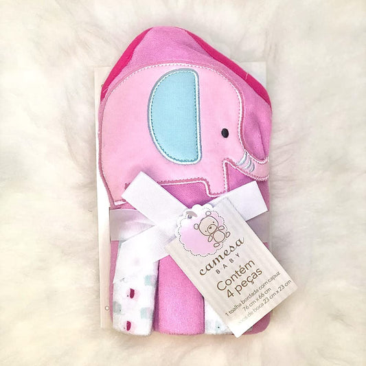 Kit Toalha Bebê com Capuz e 3 Toalhas de Boca Camesa Elefante Rosa 4 Peças
