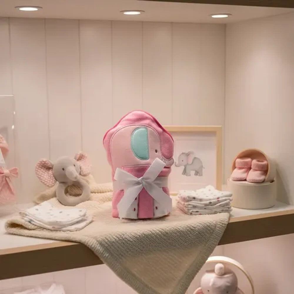 Kit Toalha Bebê com Capuz e 3 Toalhas de Boca Camesa Elefante Rosa 4 Peças