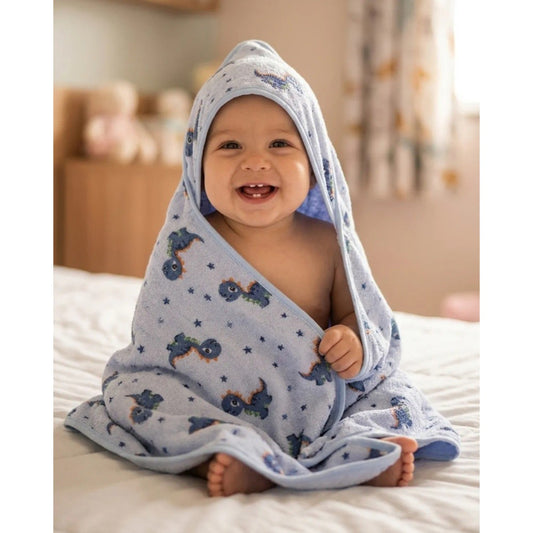 Kit Toalha de Banho com Capuz e Toalha de Boca Camesa Dinos Azul