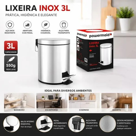 Lixeira Redonda Powermaid 3 Litros em Aço Inox com Cesto Interno