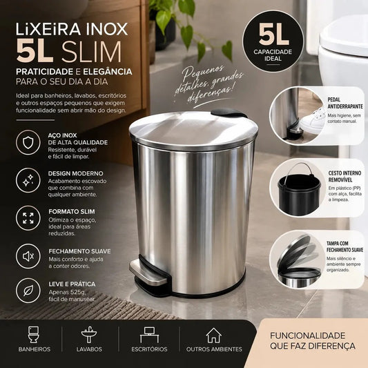 Lixeira Slim 5L Powermaid em Aço Inox com Pedal