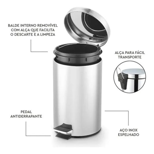 Lixeira Slim Powermaid 3L Aço Inox com Pedal e Balde Interno