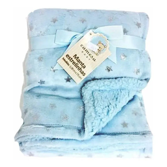 Manta Baby Microfibra com Sherpa Estrelinhas Azul Camesa 75cm x 1m