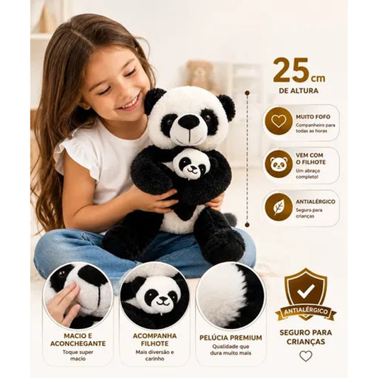 Panda com Filhote de Pelúcia Empório Daruma 25cm Antialérgico
