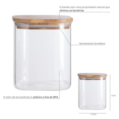 Pote de Vidro Quadrado 1,4L com Tampa Hermética de Bambu Oikos