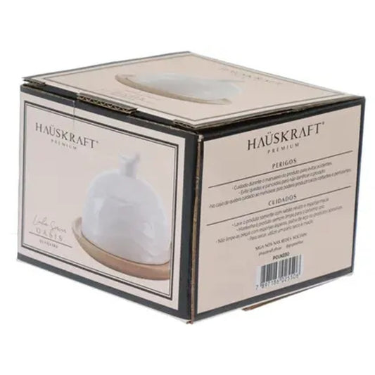 Queijeira Hauskraft Oasis em Cerâmica Branca e Bambu 10cm