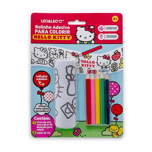 Rolinho Adesivo para Colorir Hello Kitty Leo&Leo com 5 Lápis de Cor
