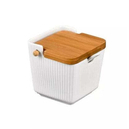 Saleiro Oasis Hauskraft em Cerâmica Branco com Tampa de Bambu 300ml