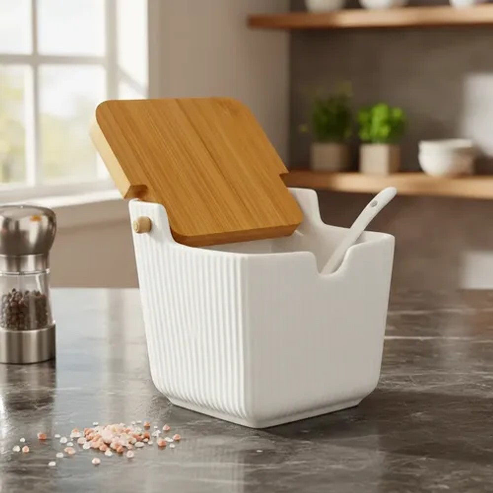 Saleiro Oasis Hauskraft em Cerâmica Branco com Tampa de Bambu 300ml