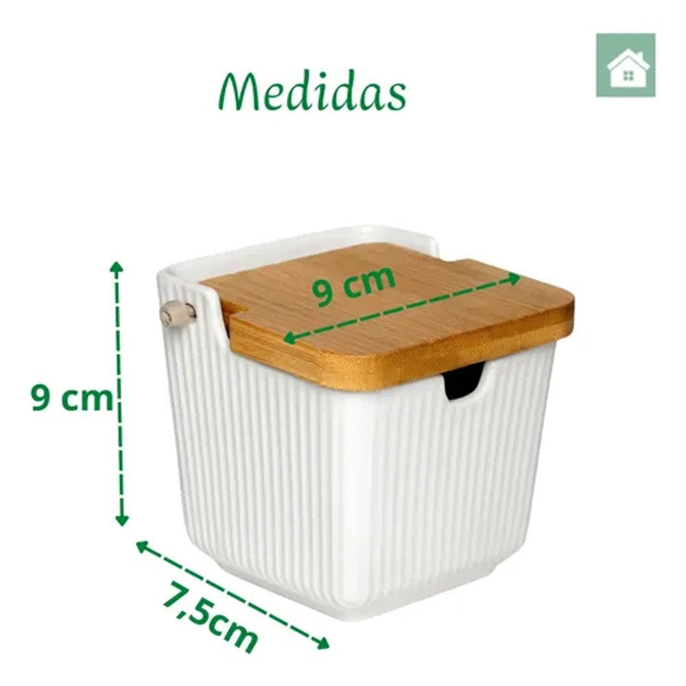Saleiro Oasis Hauskraft em Cerâmica Branco com Tampa de Bambu 300ml