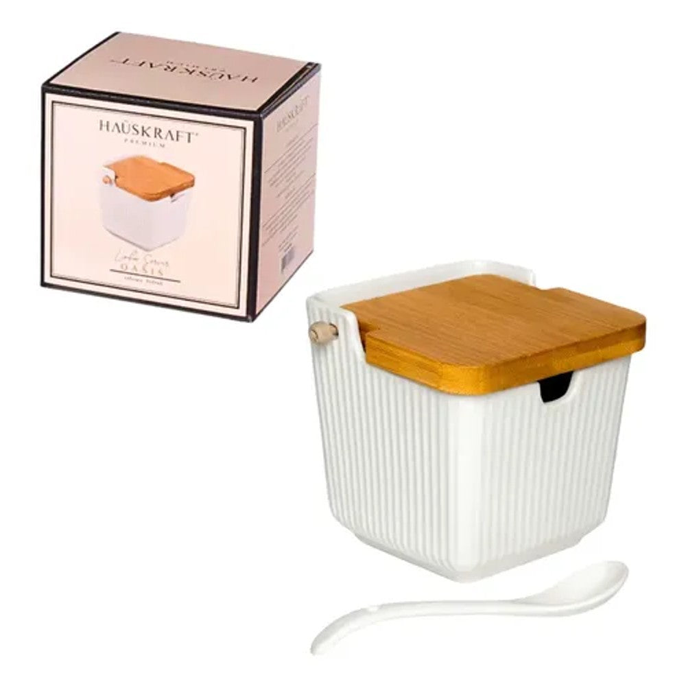 Saleiro Oasis Hauskraft em Cerâmica Branco com Tampa de Bambu 300ml
