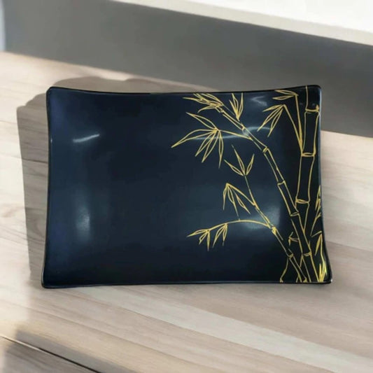 Travessa Retangular Scalla Jam Preta Fosca com Detalhes Dourados 23cm