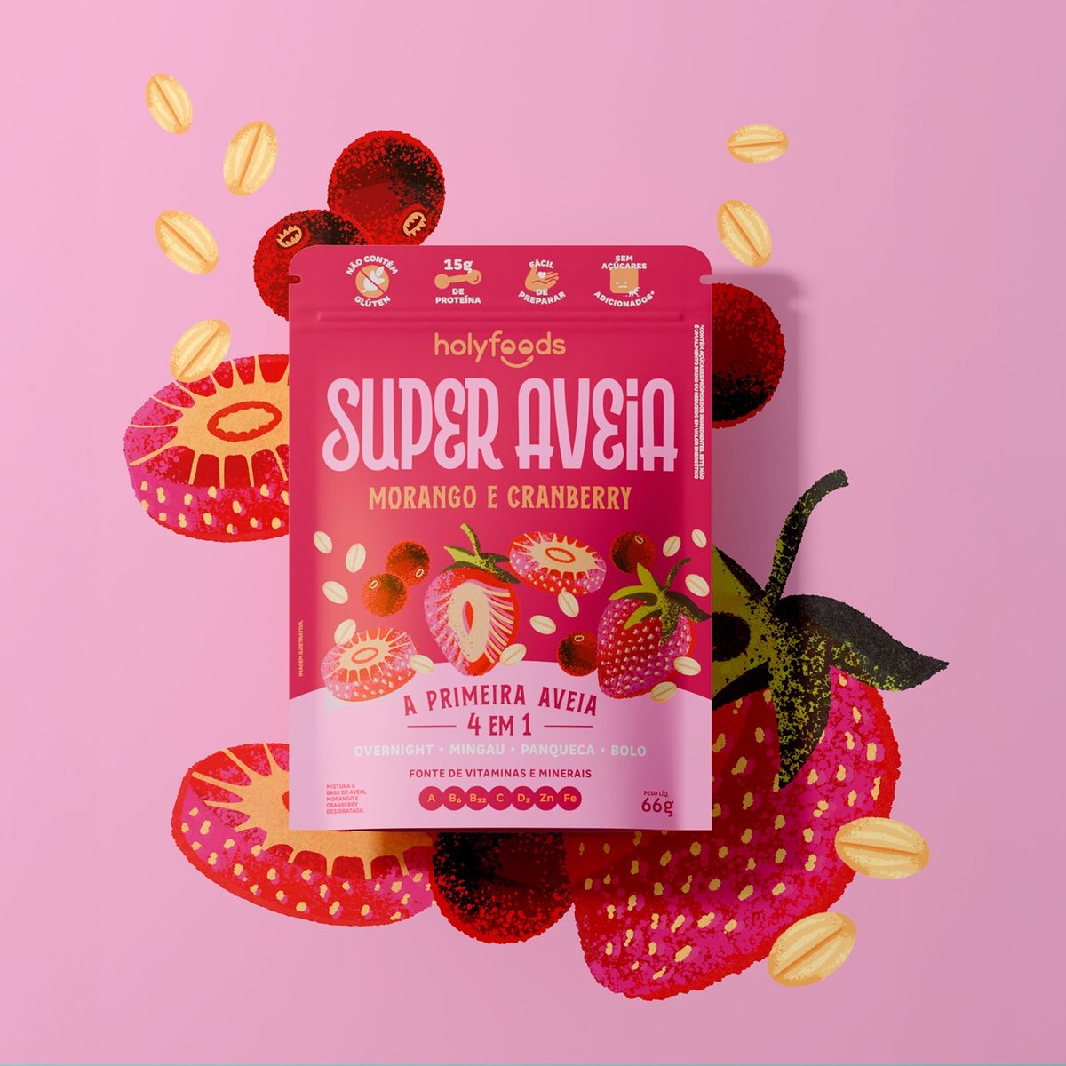 Super Aveia Morango com Cranberry 66g Holyfoods